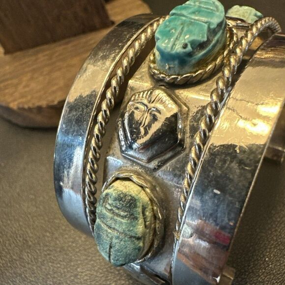 Egyptian Faience Scarab Cuff Bedouin Silver Bracelet Turquoise Stone Bead - Picture 6 of 6